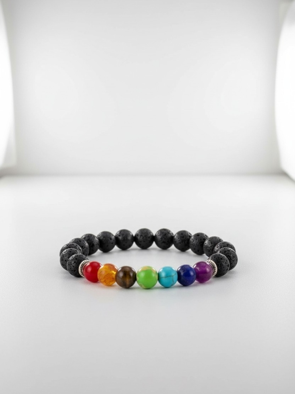 Black Lava Bead Bracelet with Rainbow Accent Beads